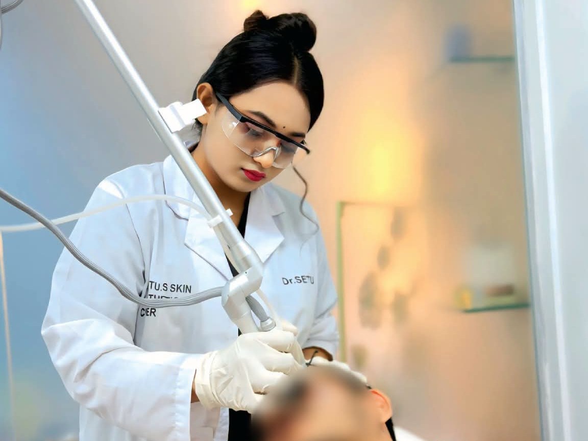 Close-up of a laser session in progress